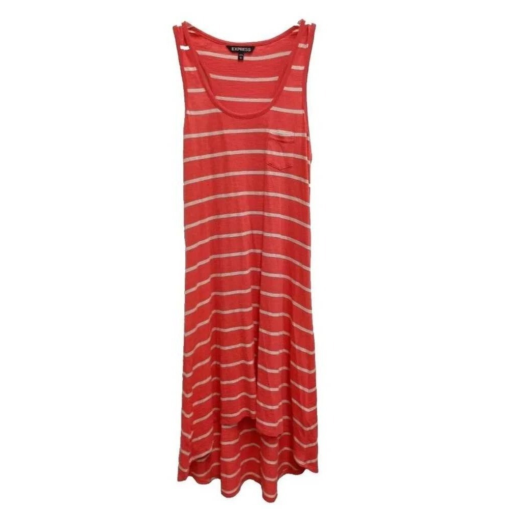 Express Tank Dress Womens Medium Coral White Striped High Low Beach Casual